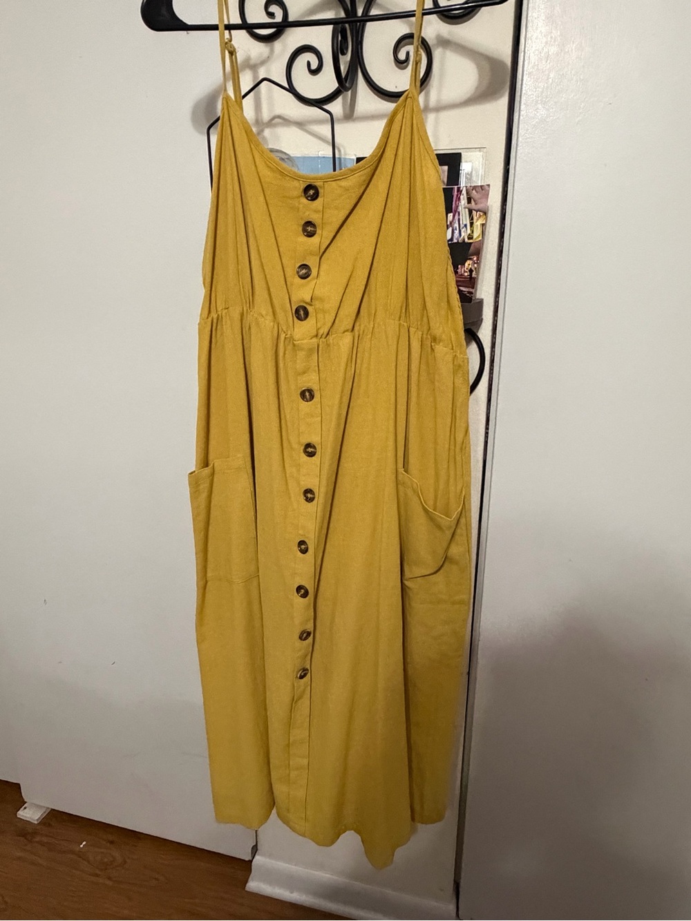 Mustard Button-Front Spaghetti Strap Dress